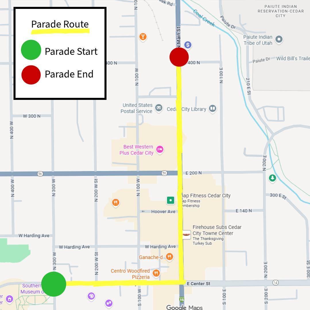 Map showing the Storybook Parade route through Cedar City