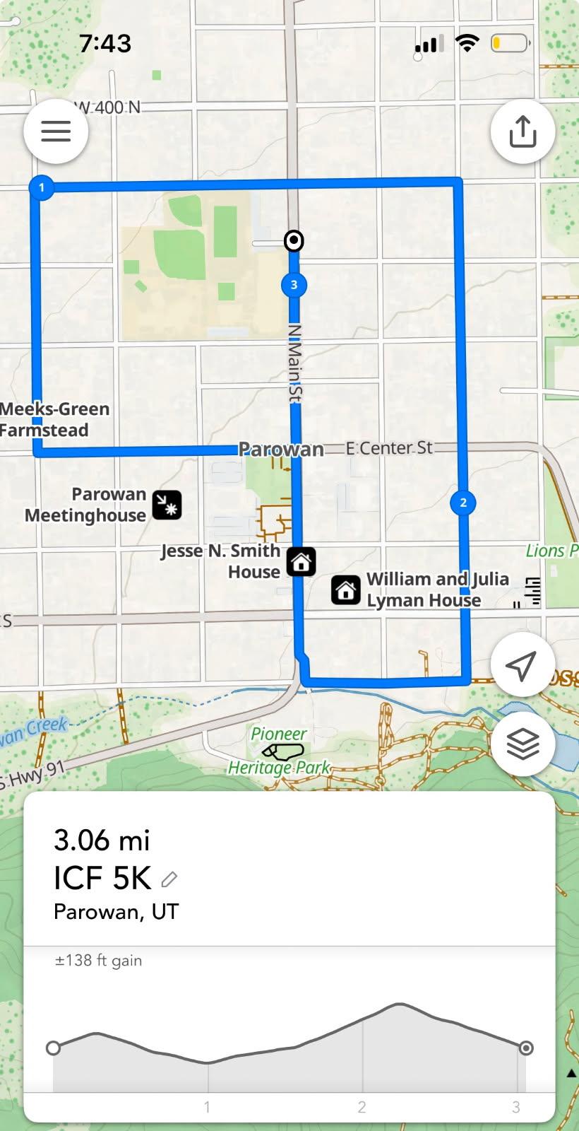 Map of the Iron County Fair 5K race course in Parowan, Utah
