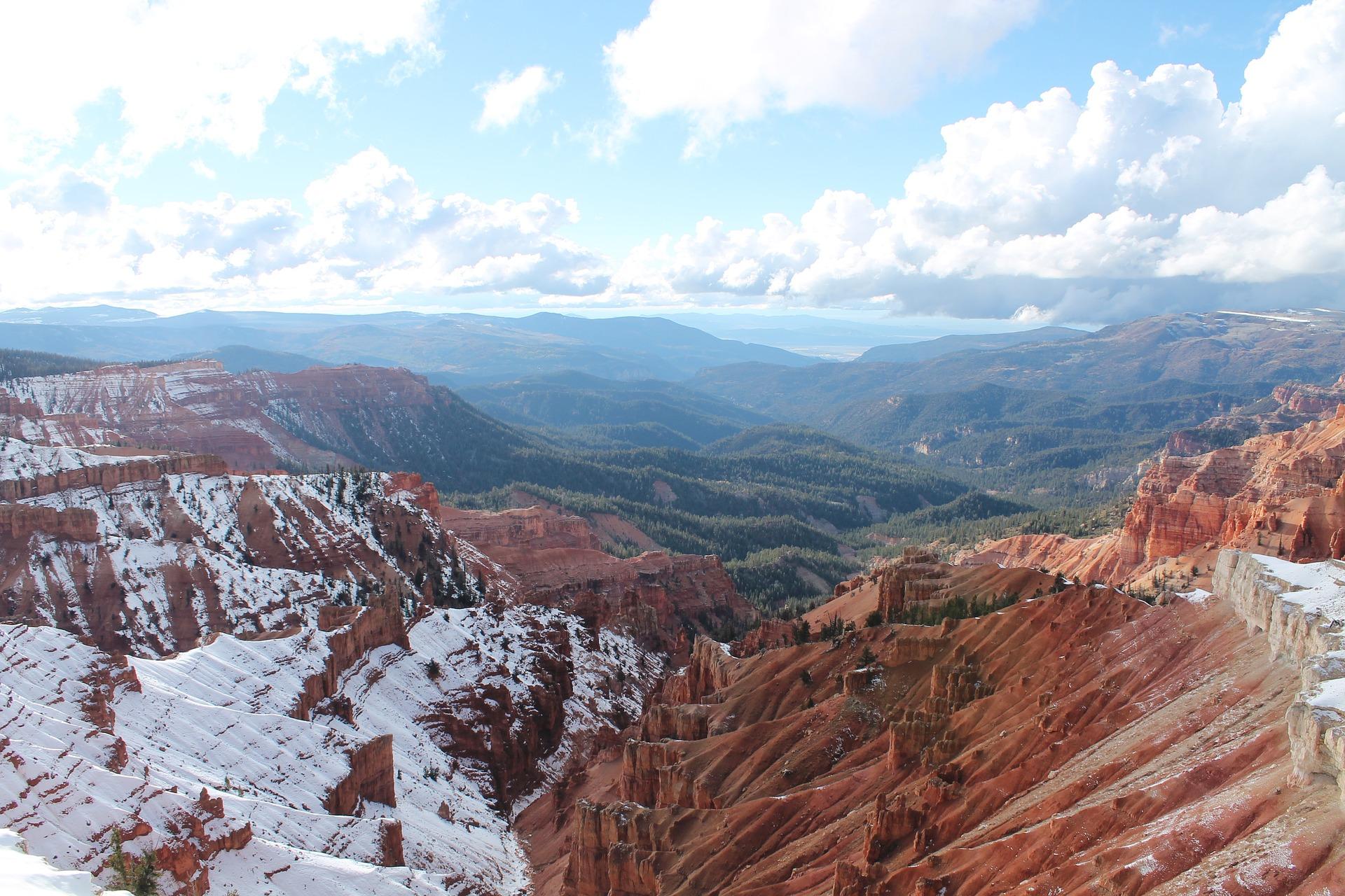 Cedar breaks in the winter. Snow on the peaks and green in the valley.