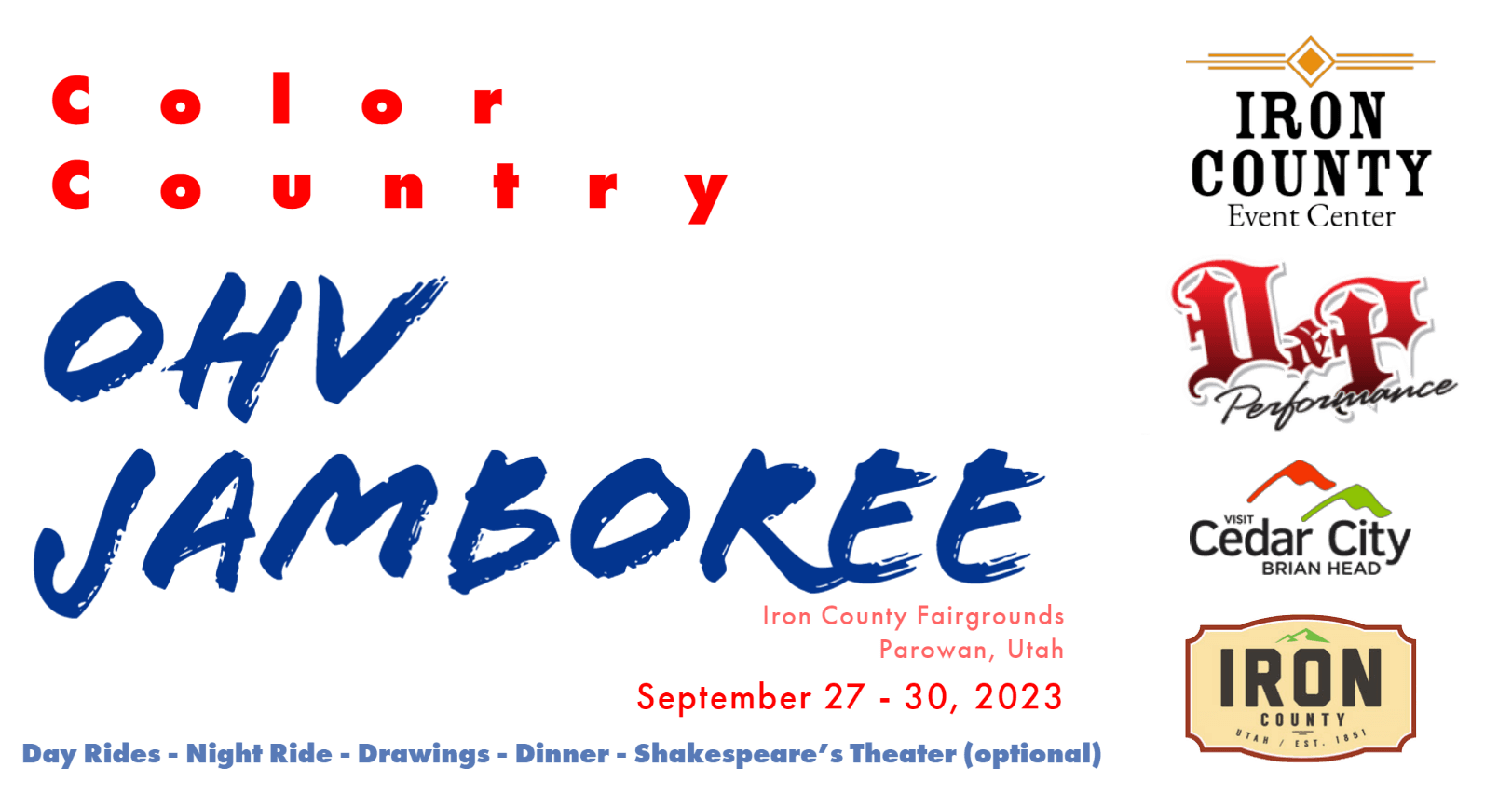 Color Country OHV Jamboree, Iron County Fairgrounds Parowan Utah. September 25 thru 28 2024.