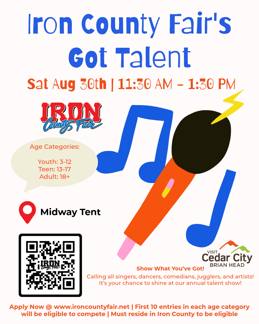 Iron County’s Got Talent flyer with event details and registration information.